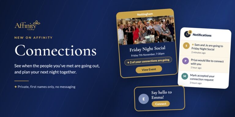 Affinity Club Connections: see when members you have met are going to events, with the notifications bell and Connect button